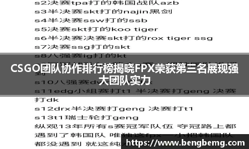 CSGO团队协作排行榜揭晓FPX荣获第三名展现强大团队实力